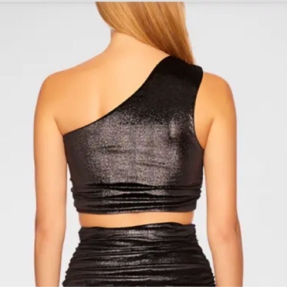 NWT Susana Monaco Black Metallic One Shoulder Ruched crop top women size Small - Picture 3 of 11